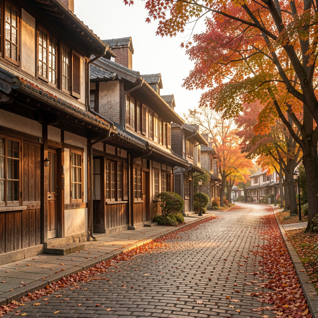 Quiet Bucharest neighbourhood street with autumn leaves and a traditional building facade, late afternoon light
