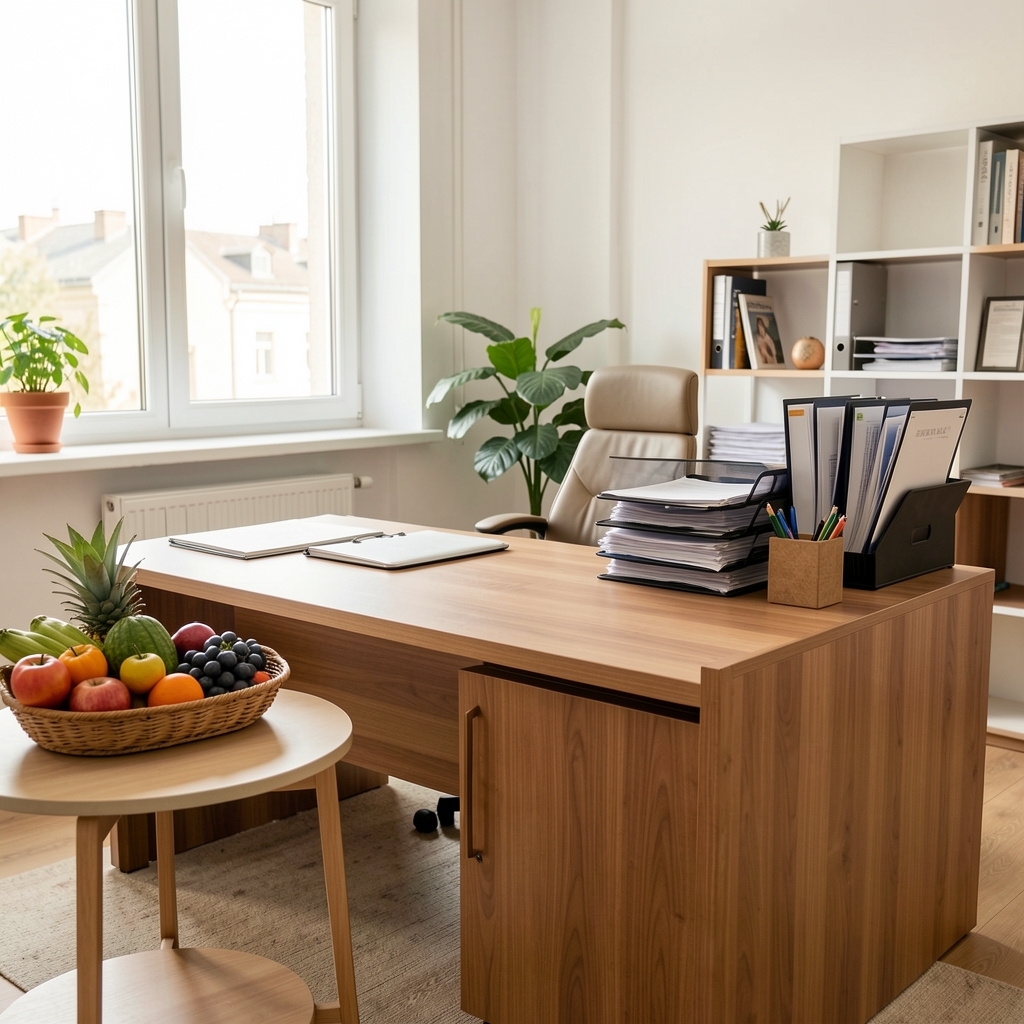 Bright consultation office in Bucharest with a wooden desk, document folders, and seasonal produce visible on a side table
