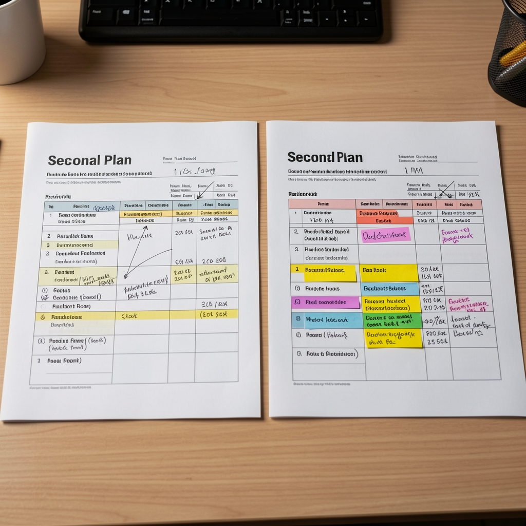 Two printed seasonal plan documents side by side on a desk showing revision markup notes and highlighted food categories