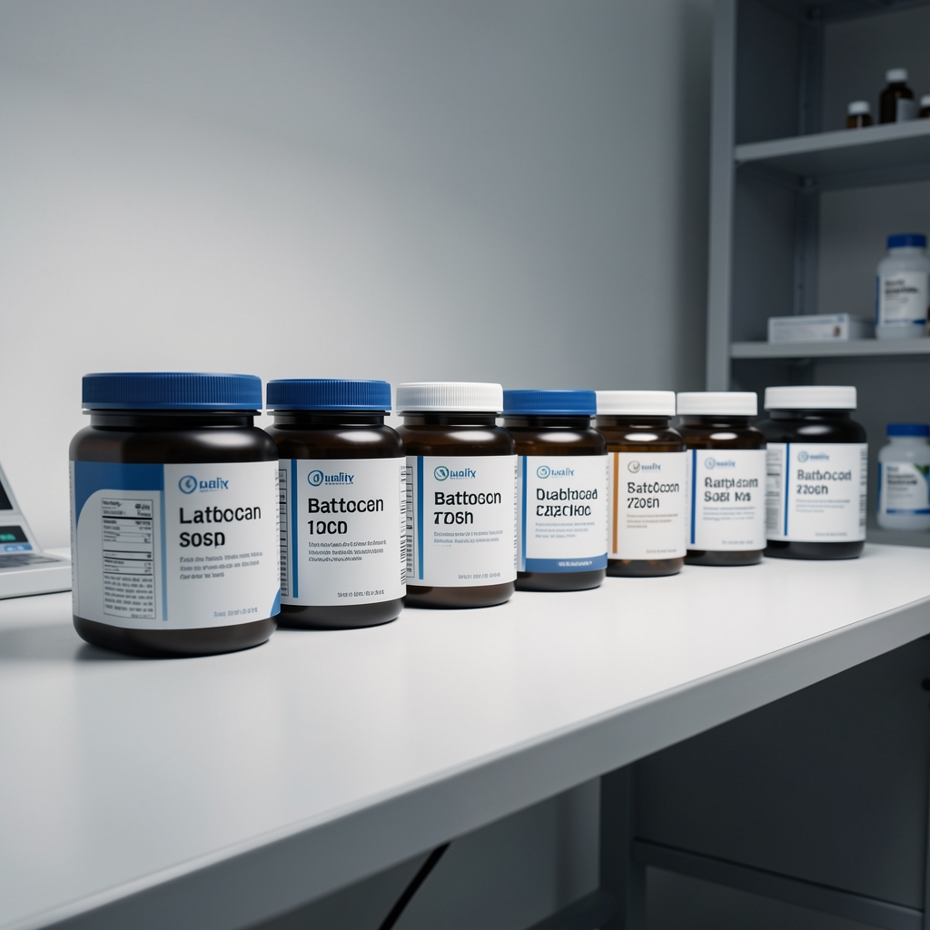 Quality-control bench with batch-coded supplement containers arranged in a row under controlled studio lighting, clean workspace