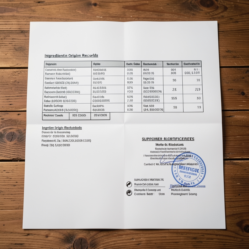 Sourcing documentation laid flat on a wooden table showing ingredient origin records, batch codes, and supplier certificates
