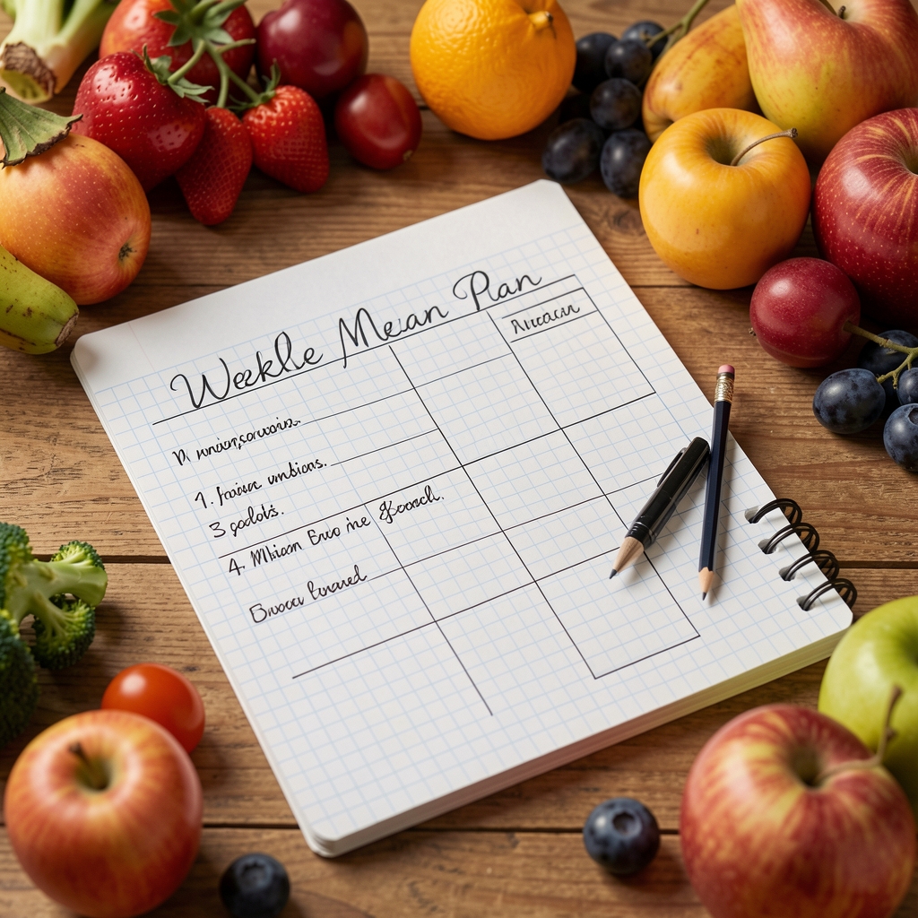 Handwritten weekly meal plan on graph paper with a pencil, surrounded by seasonal produce on a desk