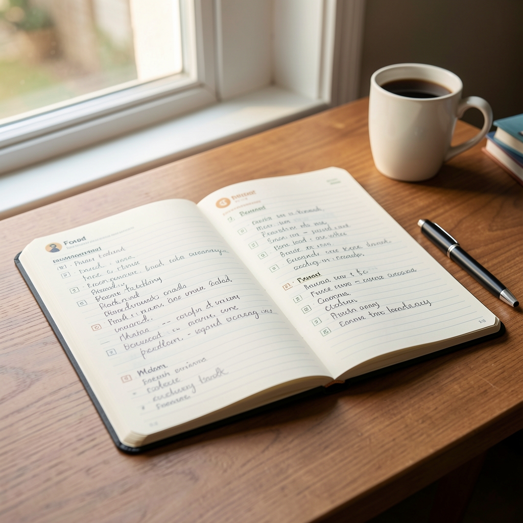Open food diary on a desk with handwritten daily meal entries, a pen resting alongside, morning light from a window