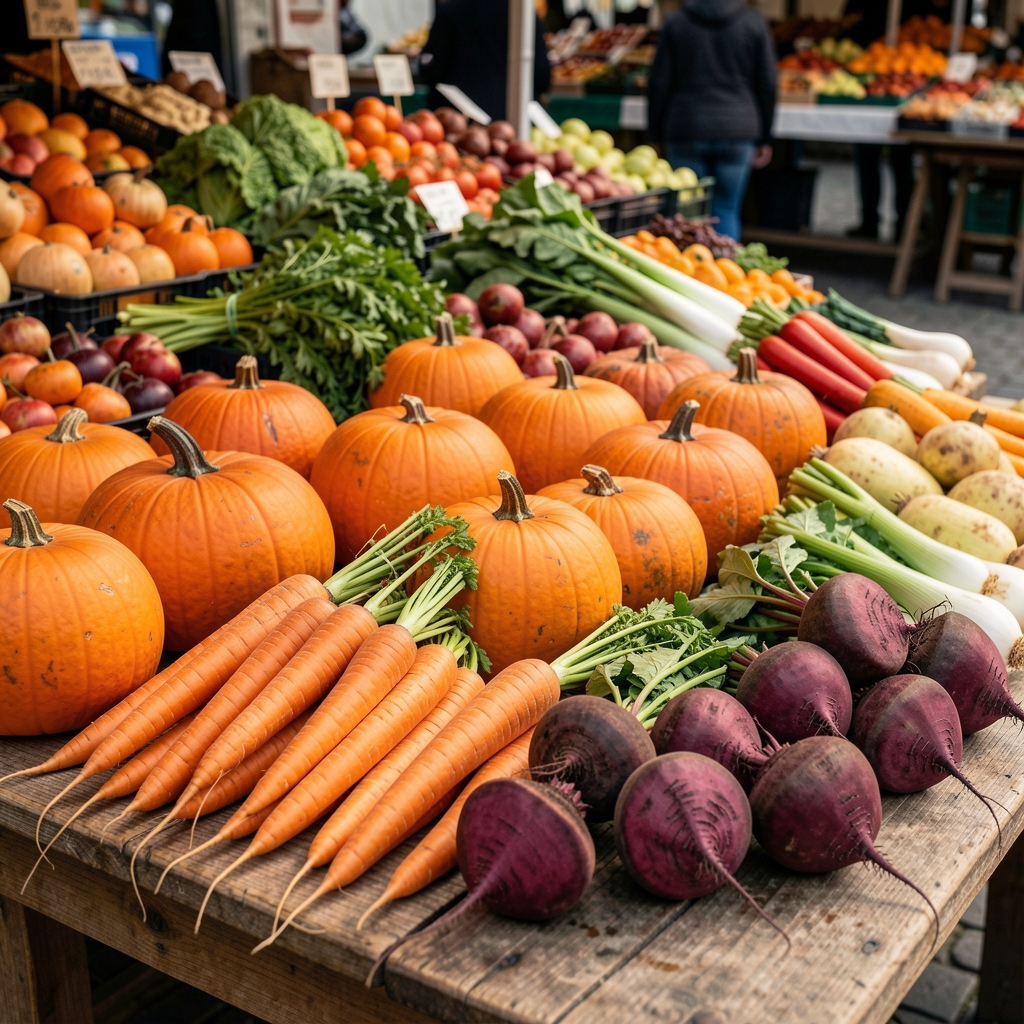 Colourful array of Romanian seasonal autumn vegetables on a wooden market table including pumpkins, carrots, and beetroot