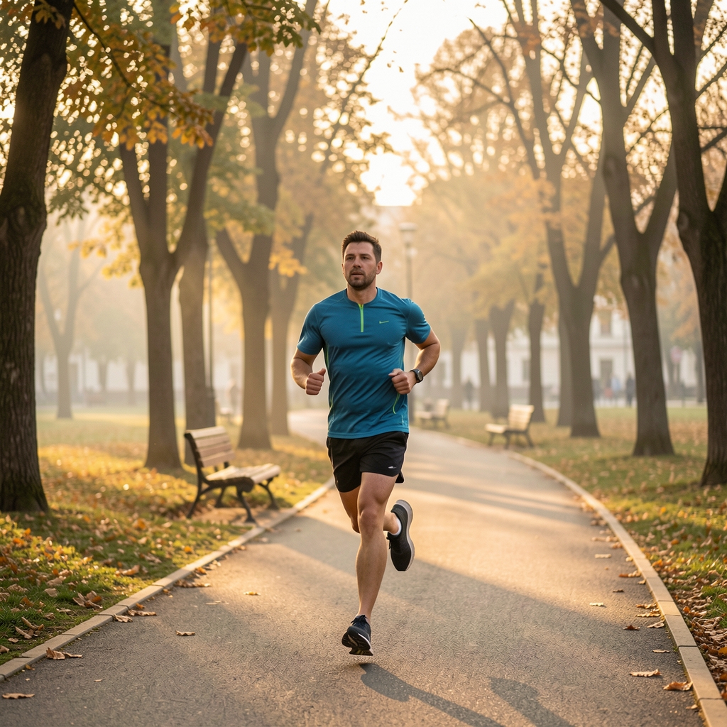 Person running along a Bucharest park path at early morning with trees in the background and soft golden light