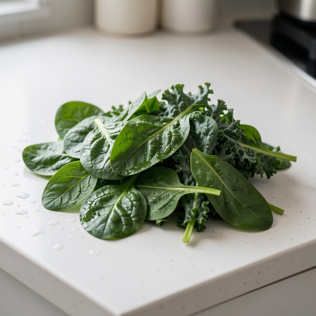 Fresh spinach and kale leaves washed and drained on a clean kitchen counter
