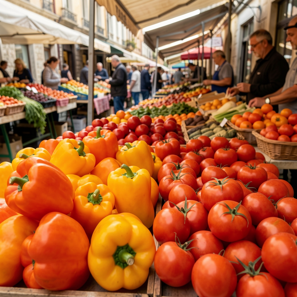 Bright orange and yellow bell peppers and tomatoes displayed in a Romanian outdoor market setting