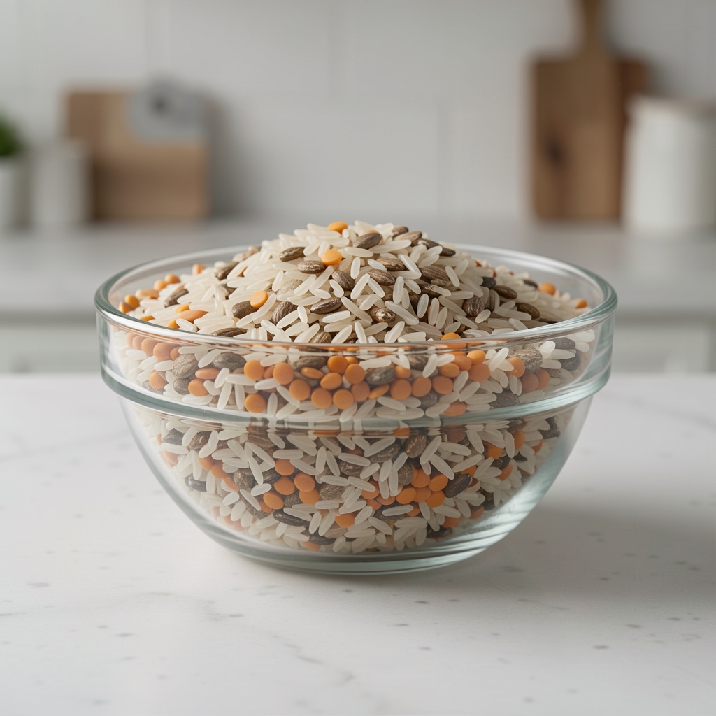 Glass bowl of mixed whole grains, brown rice, and lentils on a kitchen counter under clean studio lighting