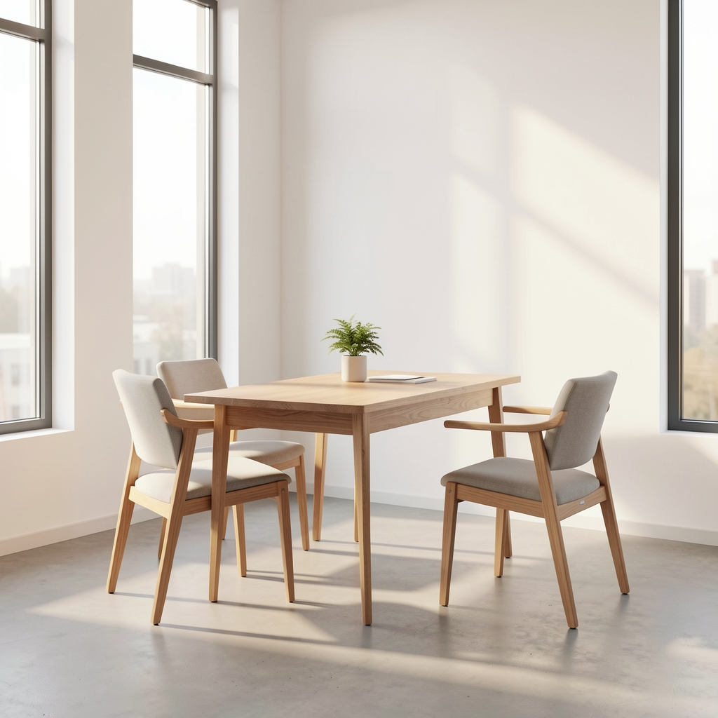 Bright minimalist consultation room interior with a wooden table, two chairs, and large windows letting in afternoon light