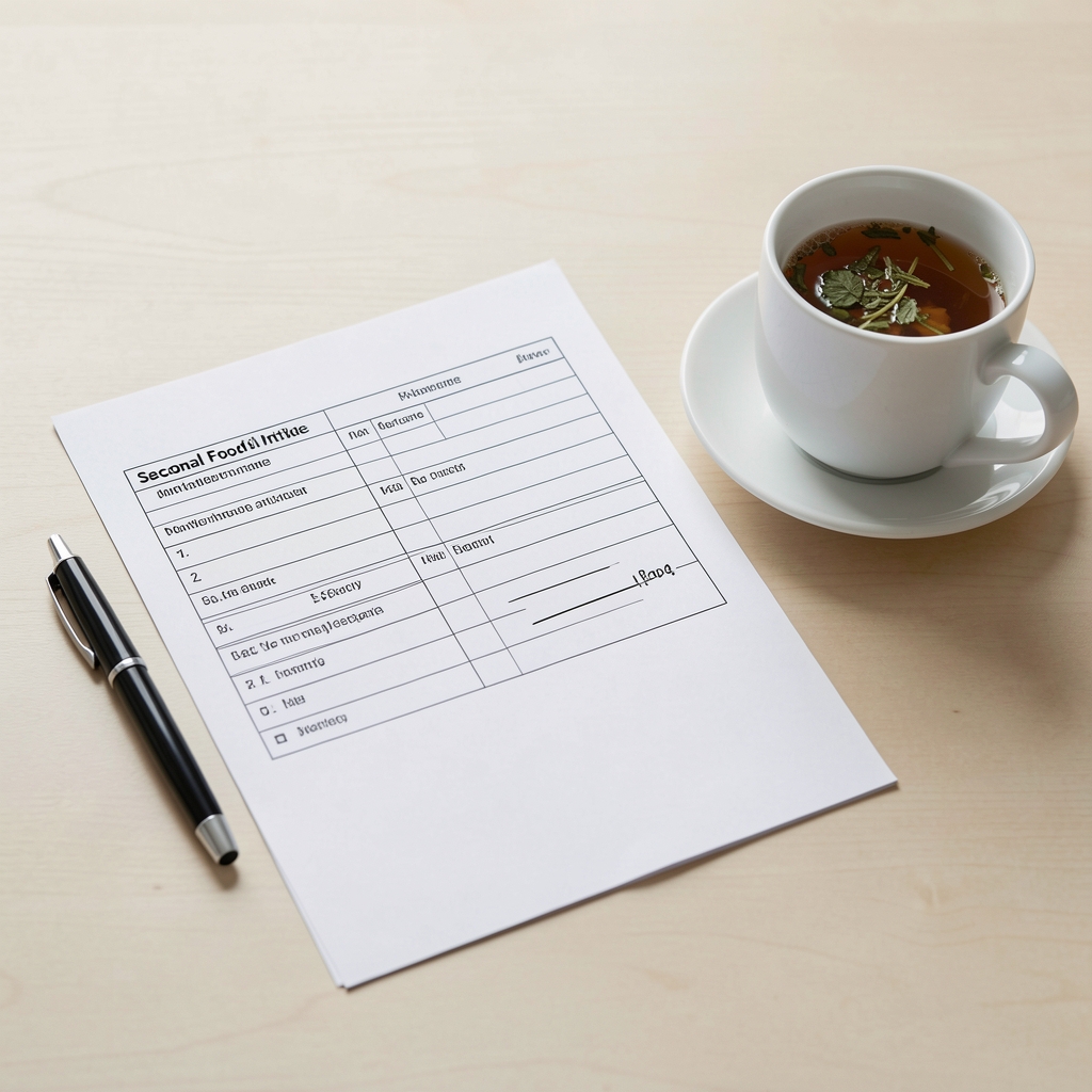Close-up of seasonal food intake documentation sheets, a pen, and a cup of herbal tea on a clean desk