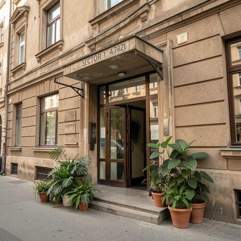 Bucharest street-level view of a Sector 4 building entrance with green plants in the entryway